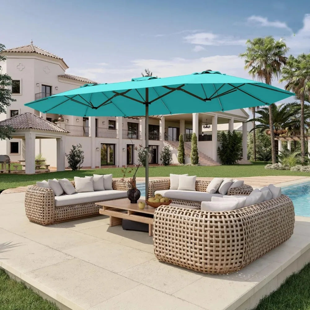 15Ft Double Sided Patio Umbrella With Base Included Large Outdoor Market Umbrella With Crank Handle UV Resistant Canopy Sturdy Alloy Steel Rectangular Aqua Blue