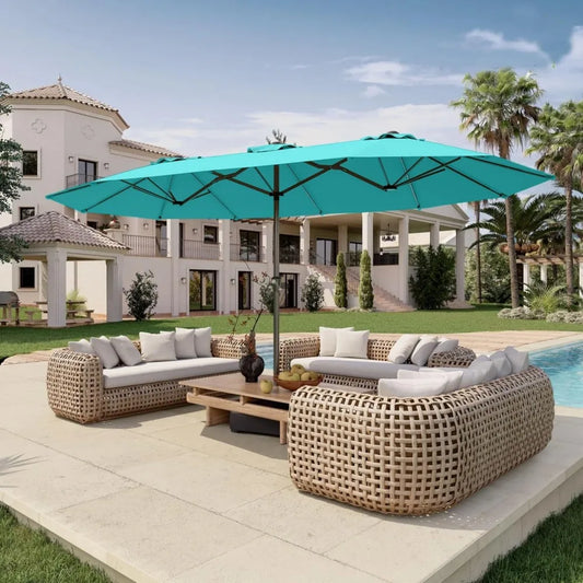 15Ft Double Sided Patio Umbrella With Base Included Large Outdoor Market Umbrella With Crank Handle UV Resistant Canopy Sturdy Alloy Steel Rectangular Aqua Blue