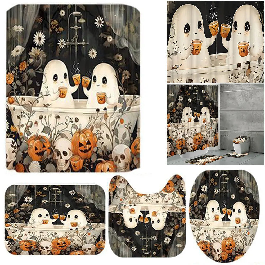Cute Cartoon Ghost Shower Curtain Set Halloween Bath Decor