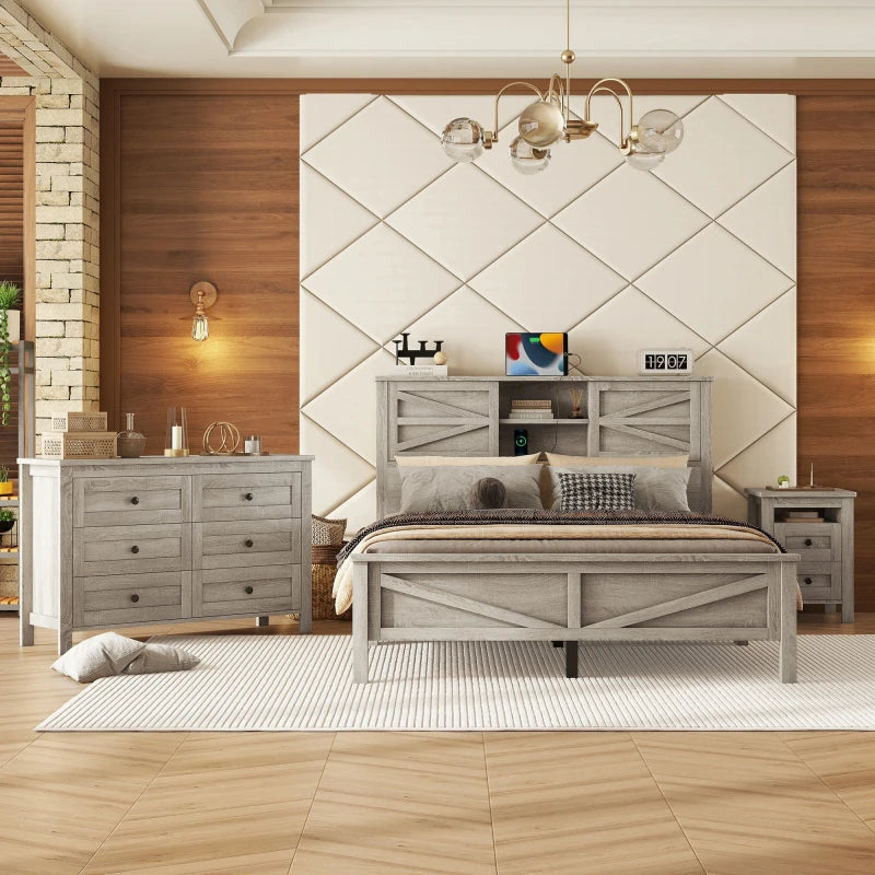 3 Piece Farmhouse Bedroom Set Queen Platform Bed Headboard Storage And Charging