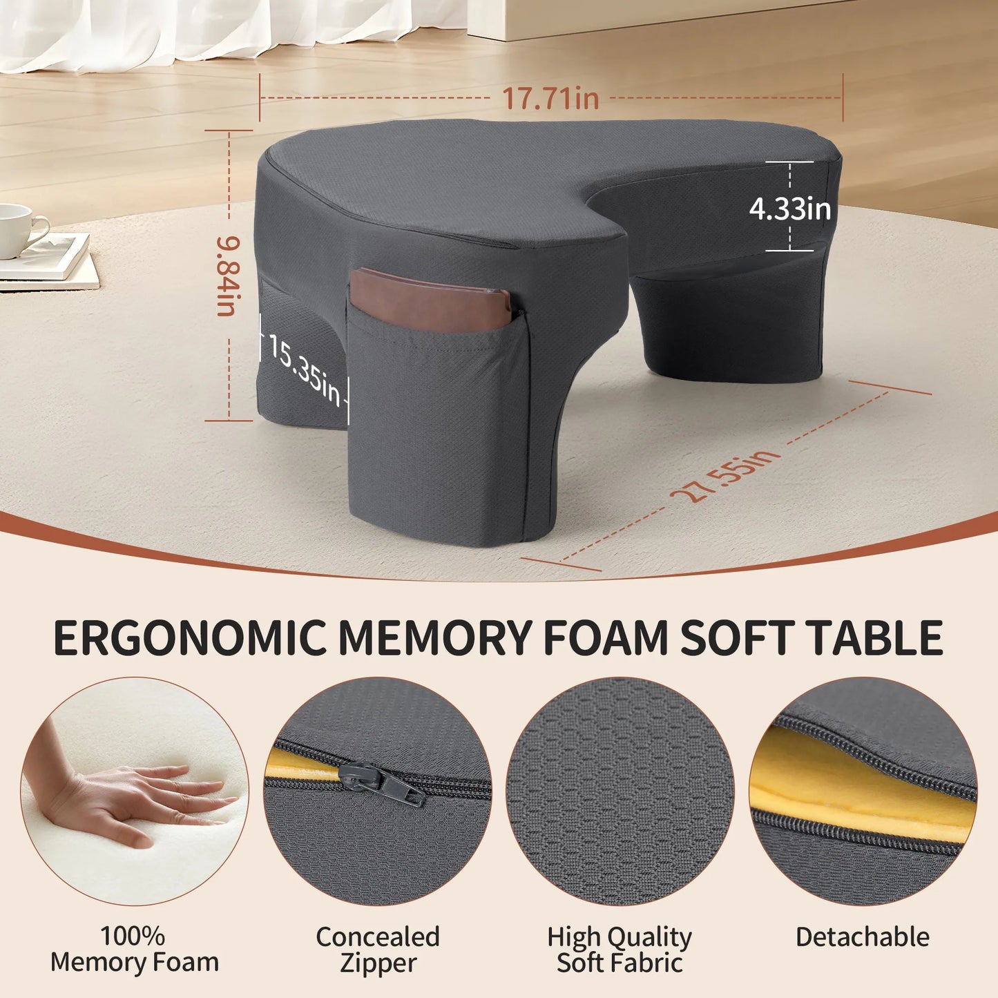 Gaming Reading Pillow Ergonomic Soft Memory Foam Three Legs Bed Arm Rest Pillow for Couch Car Floor Grey