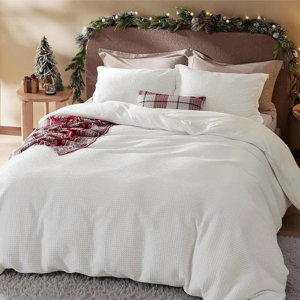 100 Cotton Waffle Duvet Cover Set Queen With Pillow Shams