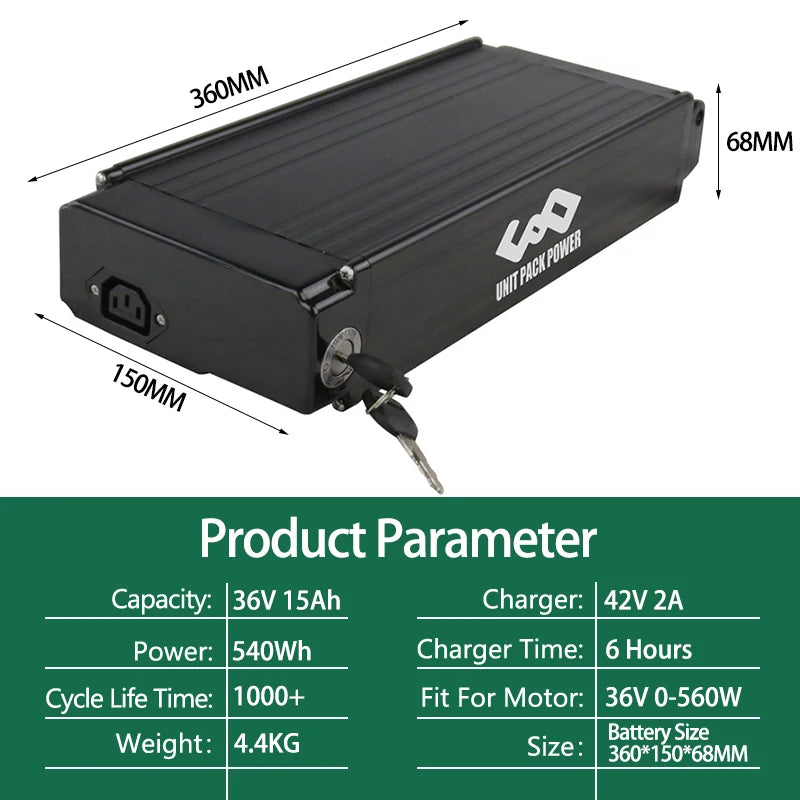 Rear Rack Battery 36V15Ah 48V15Ah 52V20Ah 24 26 28 Inches