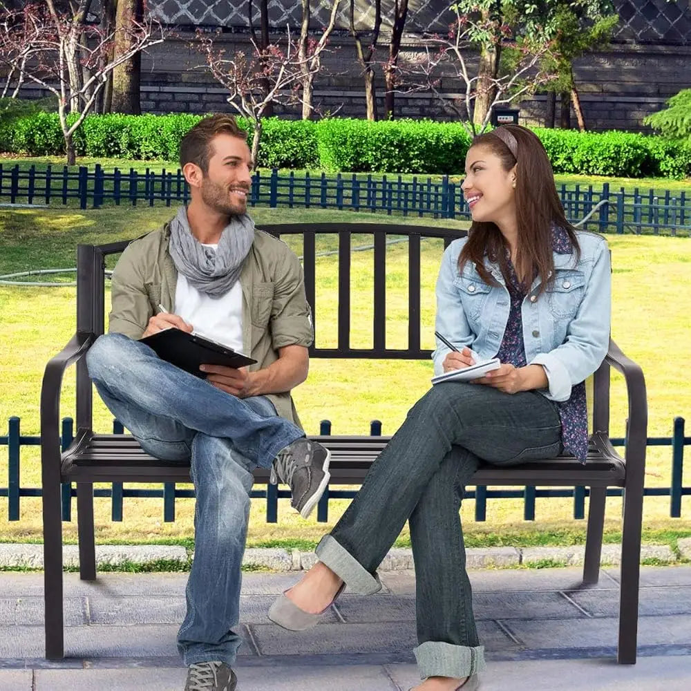 50 Inch Outdoor Steel Garden Bench With High Back And Rustproof Armrests Patio Park Bench For Lawn Yard Porch Deck Poolside