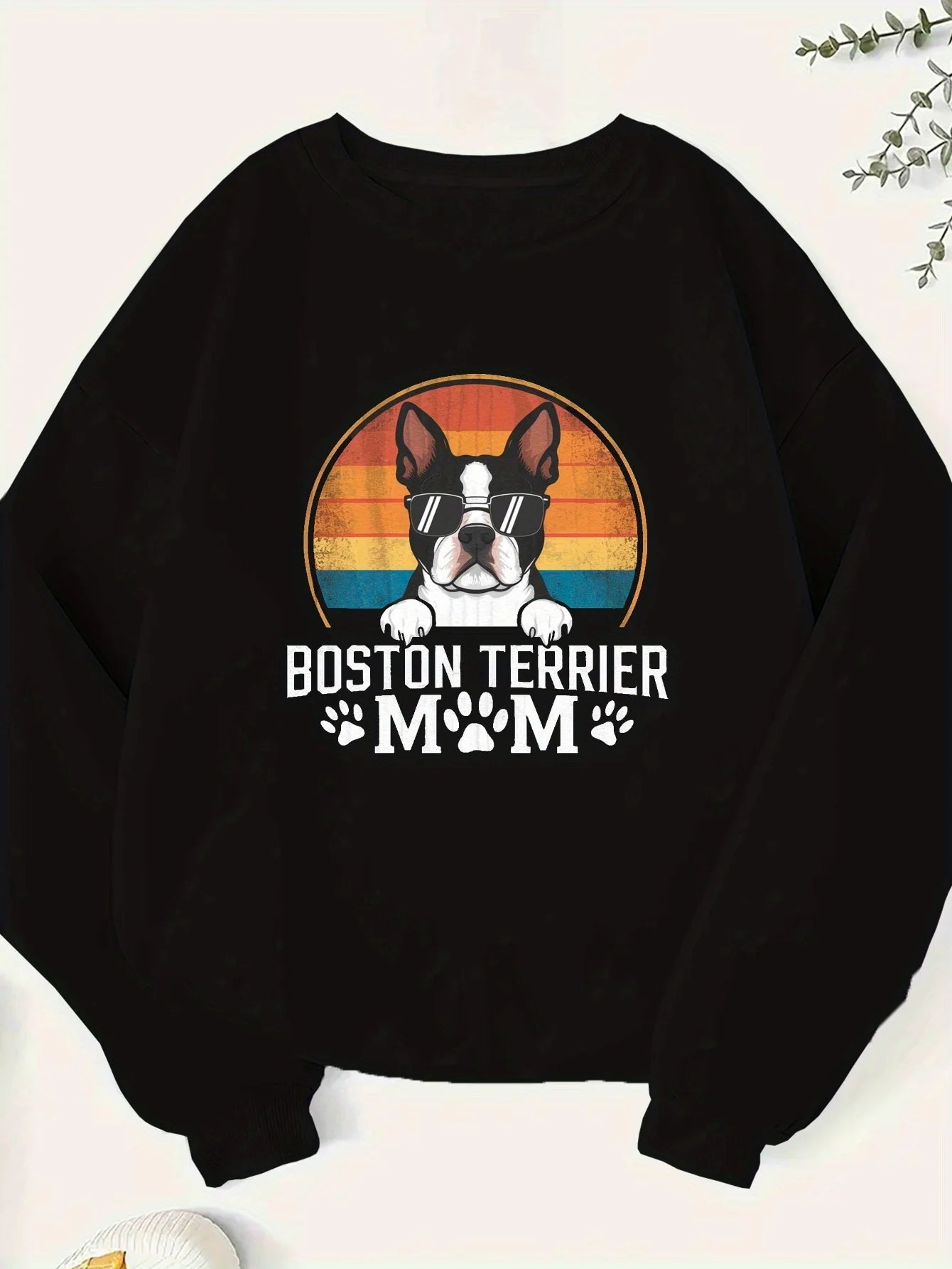 Boston Terrier Hoodie Glasses Pattern Paw Print Design Round Neck Casual Knit