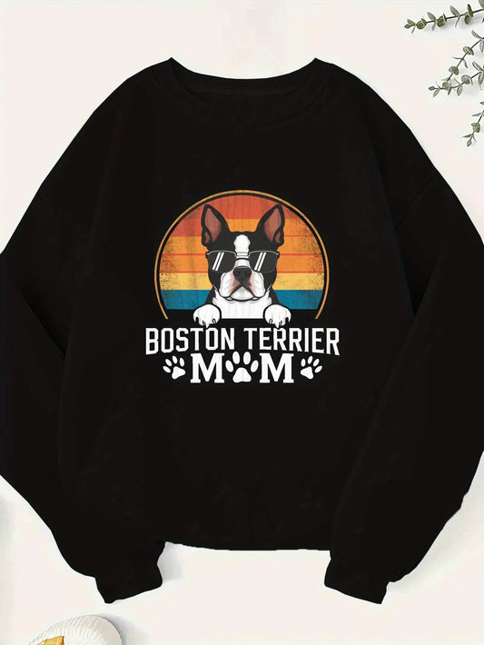Boston Terrier Hoodie Glasses Pattern Paw Print Design Round Neck Casual Knit
