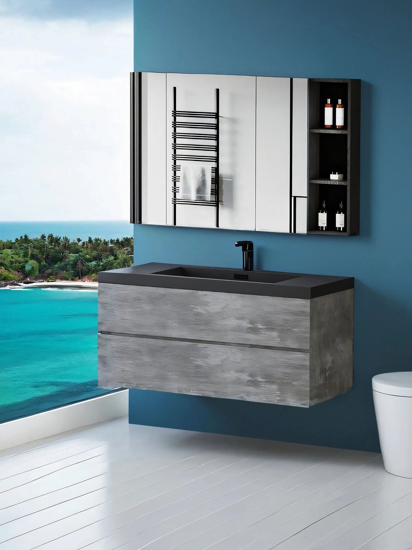 48 Inch Floating Bathroom Vanity With Sink Black Quartz Top