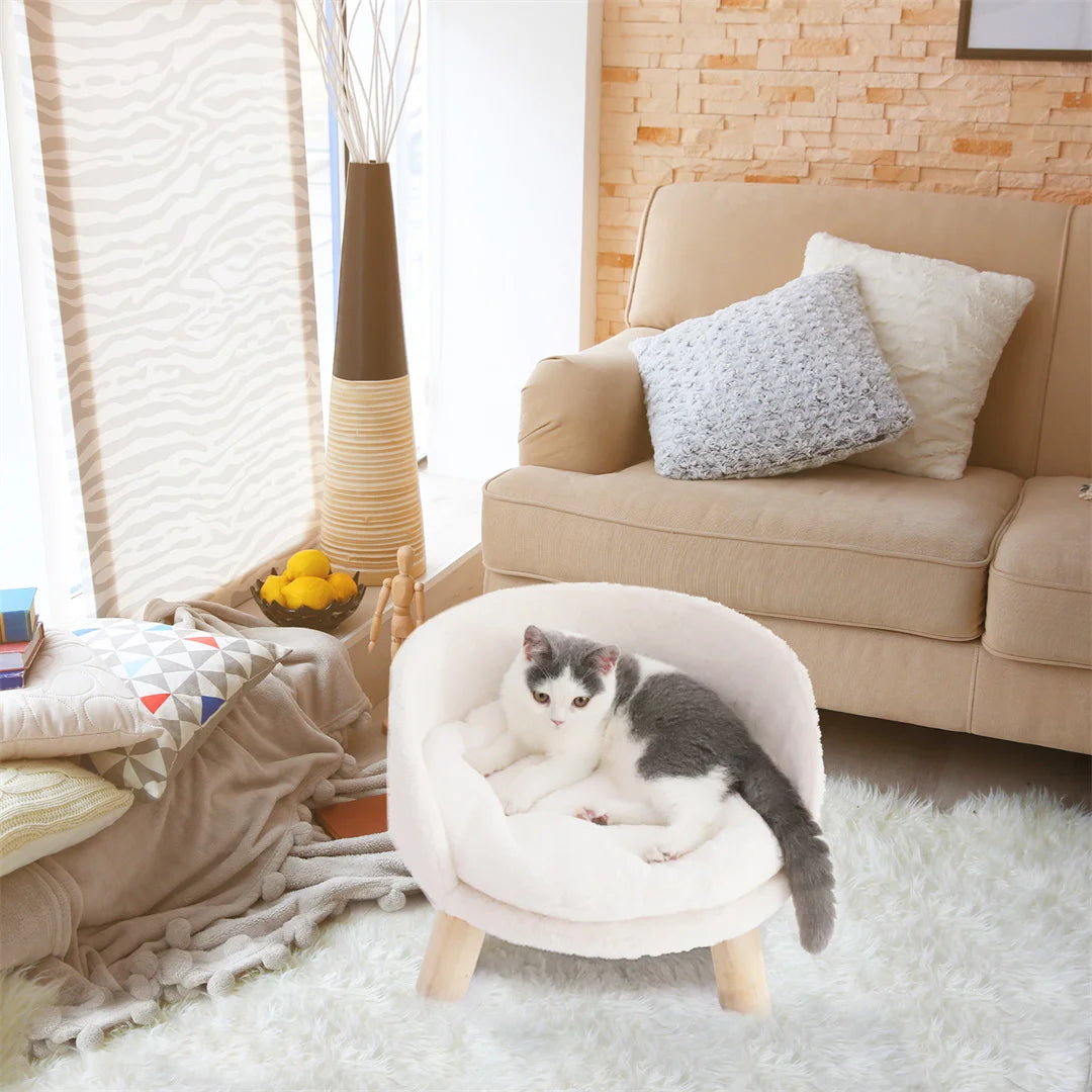 Luxury Cat Bed Soft Warm Plush Fabric Pet Nesting Chair Bed Stool with Washable Waterproof Cushion Pad and Wood Legs for Small Pets