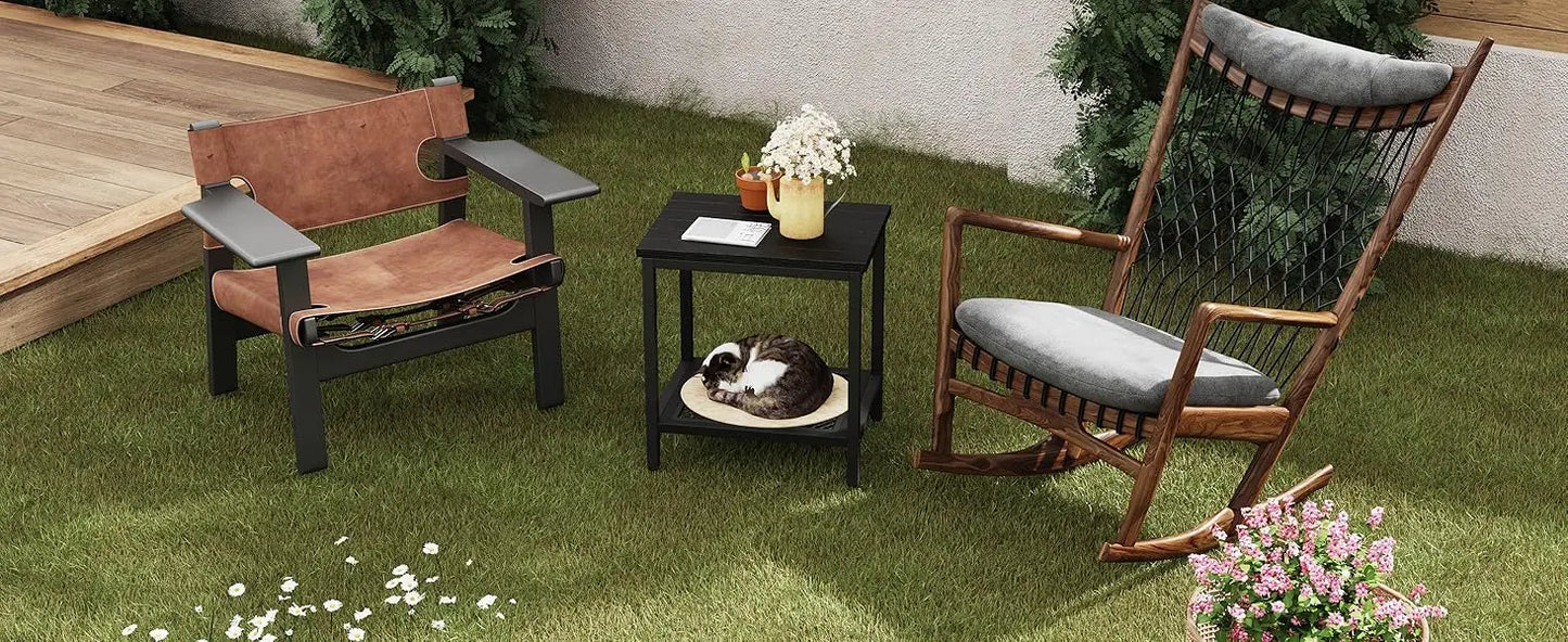 XIUWO Outdoor Side Table With Storage 2 Tier Weather Resistant Bamboo Black