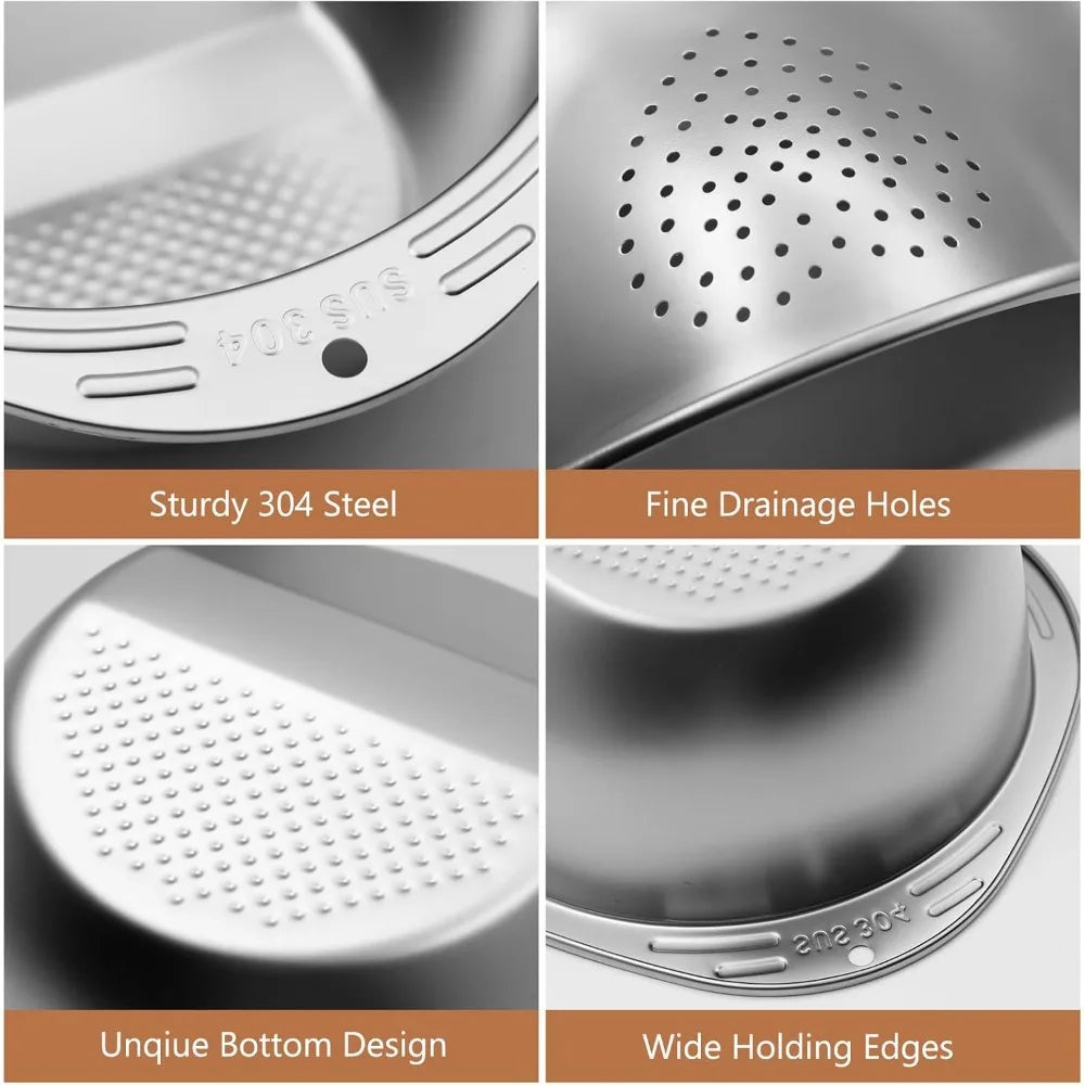 Stainless Steel Rice Washer Strainer Bowl With Side Drainers