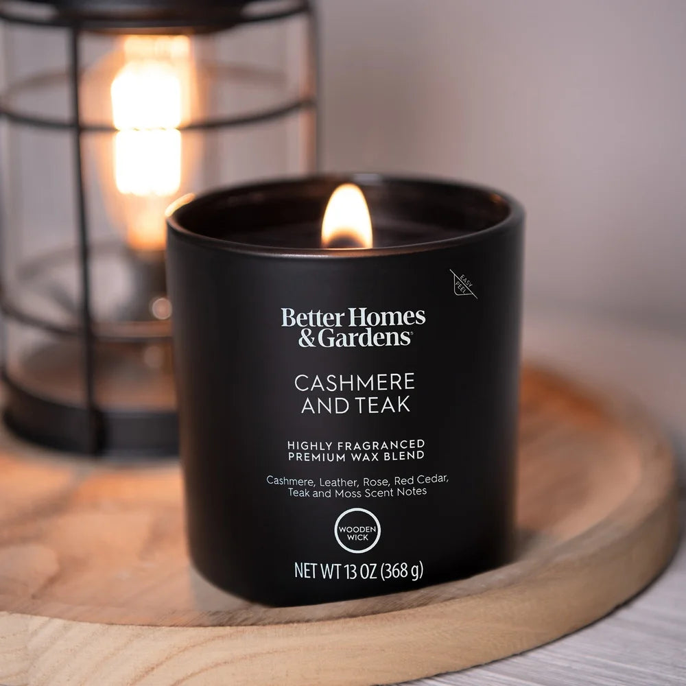 Scented Wooden Wick Jar Candle 13oz Cashmere Teak In Black Glass Leather Lid