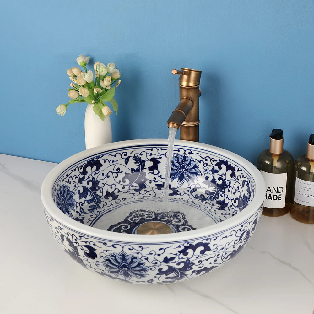 Ceramic Bathroom Vessel Sink And Polished Gold Faucet Combo