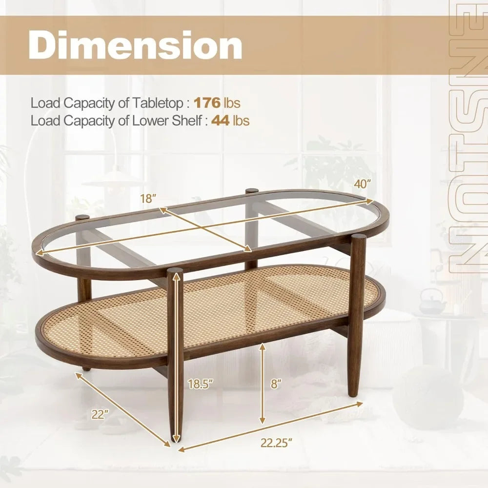 Rattan Coffee Table 2 Tier Acacia Wood With Glass Top Shelf
