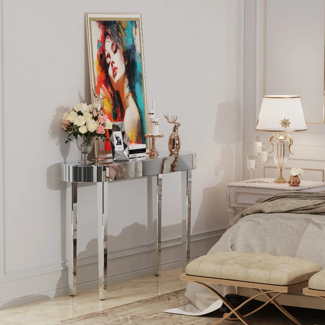 LUVODI Modern Glass Mirror Console Table Crushed Diamond