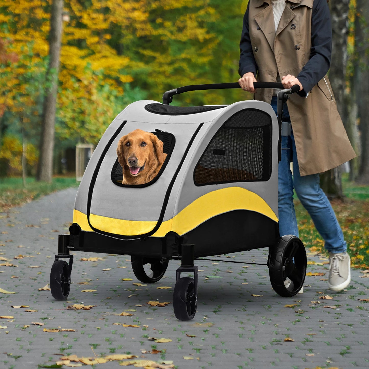 Portable Dog Stroller Four Wheels Foldable Breathable Carrier For Large Dogs