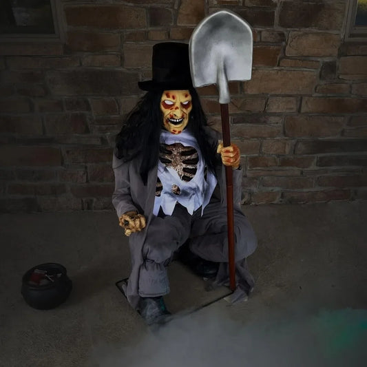 Motion Activated Crouching Grave Digger Animatronic Tekky Talking