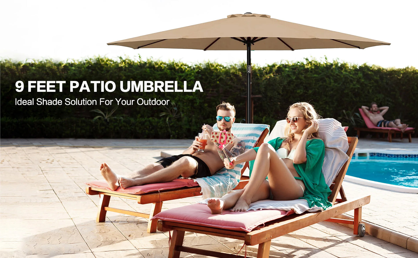 9 Ft Outdoor Patio Umbrella Market Table Umbrella With 8 Sturdy Ribs Push Button Tilt And Crank Waterproof UV Resistant Polyester For Garden Yard Pool