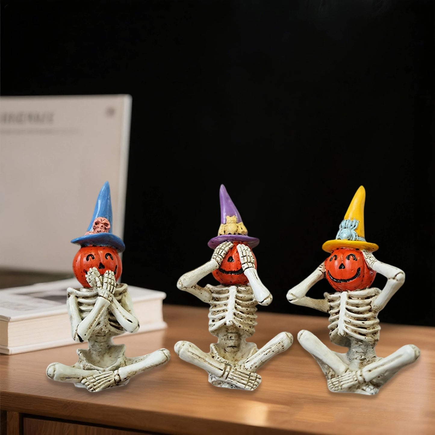 Haunted Skeleton Trio With Skulls And Black Cat Figurines