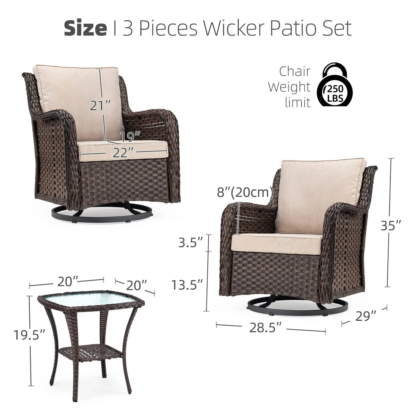 3 Piece Wicker Swivel Rocker Patio Set With Glass Side Table Outdoor Bistro