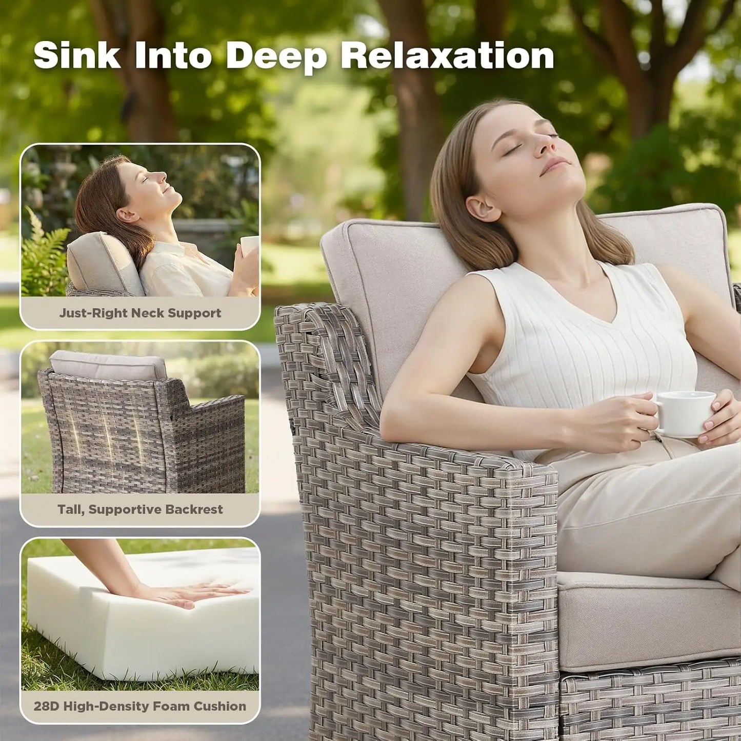 Swivel Rocker Wicker Chairs And Side Table Set All Weather Outdoor 3 Piece Beige