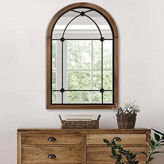 Farmhouse Arched Mirror Wall Decor Rustic Wood Framed Gothic Cathedral Style Accent Mirror Vintage Chic Entryway Decor