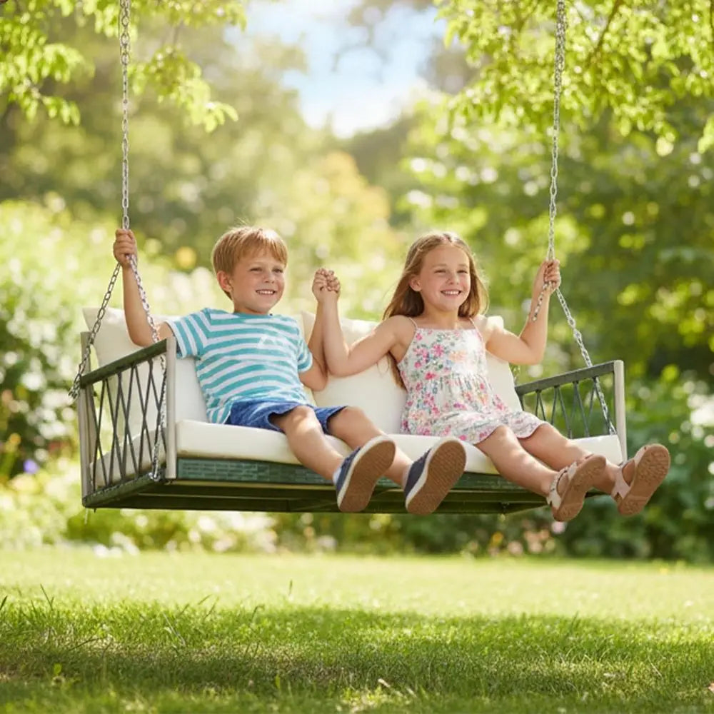 All-Weather Upholstered Porch Swing With Steel Chains For Patio Garden White
