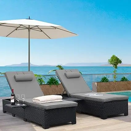 Outdoor Wicker Chaise Lounge Chairs Set Of 2 Reclining Rattan Patio Sun Loungers With Cushion Back Metal Frame For Pool And Patio Black Grey