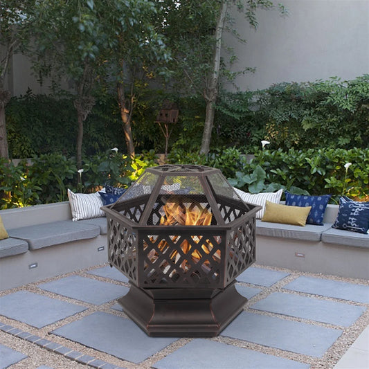 22 Inch Hexagonal Iron Brazier Wood Burning Fire Pit