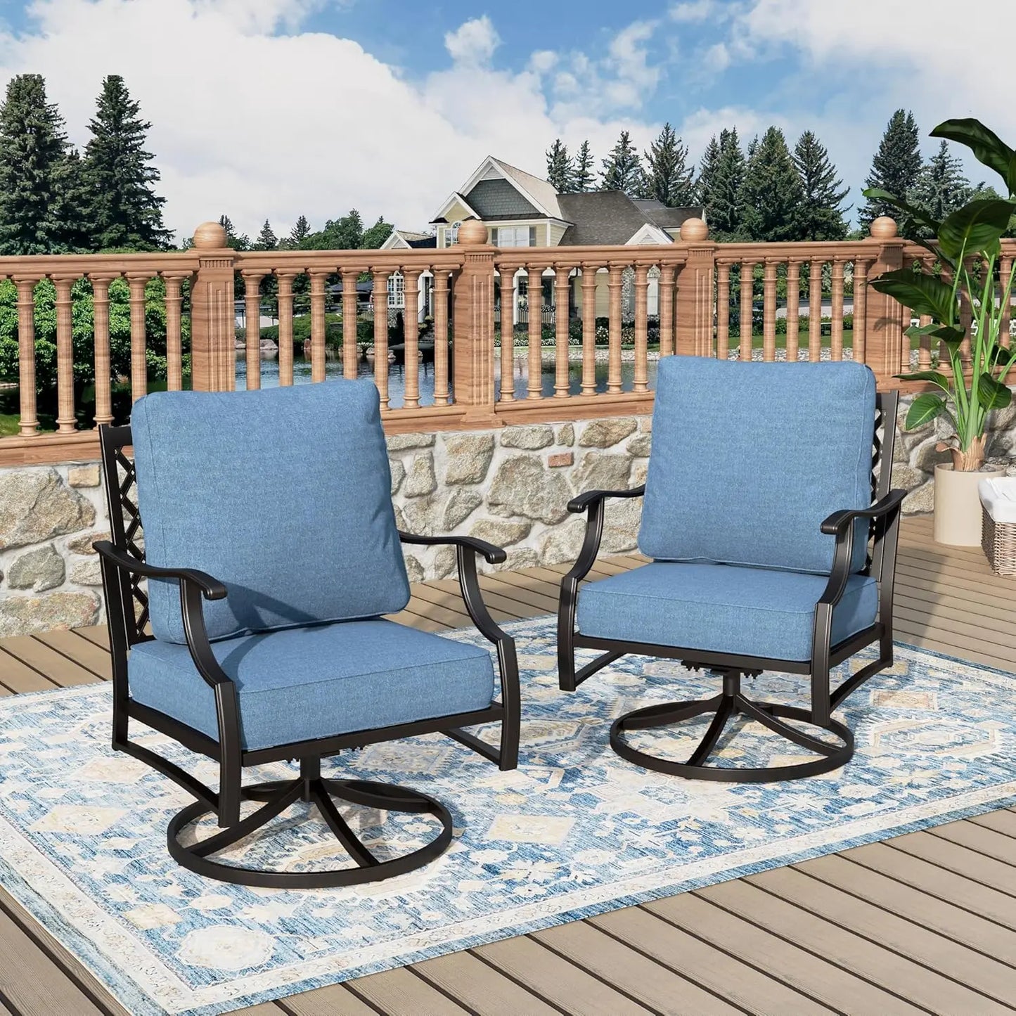 Set Of 2 Swivel Patio Chairs High Back Outdoor Metal Cushioned Bistro Seating