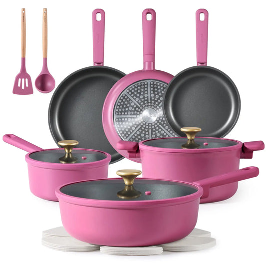 Kitchen Cookware Sets Nonstick Pots and Pans Set Induction Cookware 16 Pcs Rose Pink