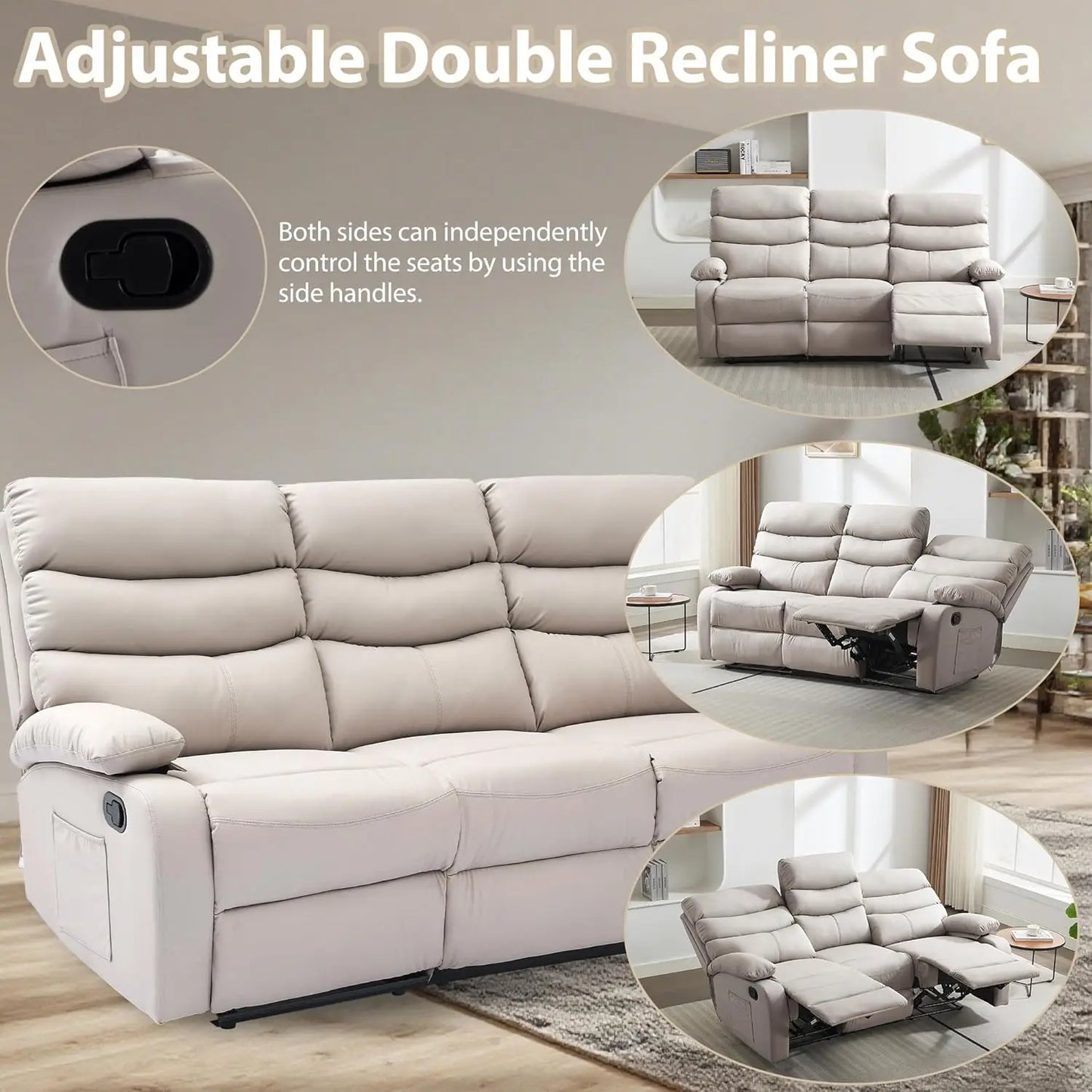 3 Seat Manual Reclining Leather Sofa With Overstuffed Arms Hidden Storage Beige