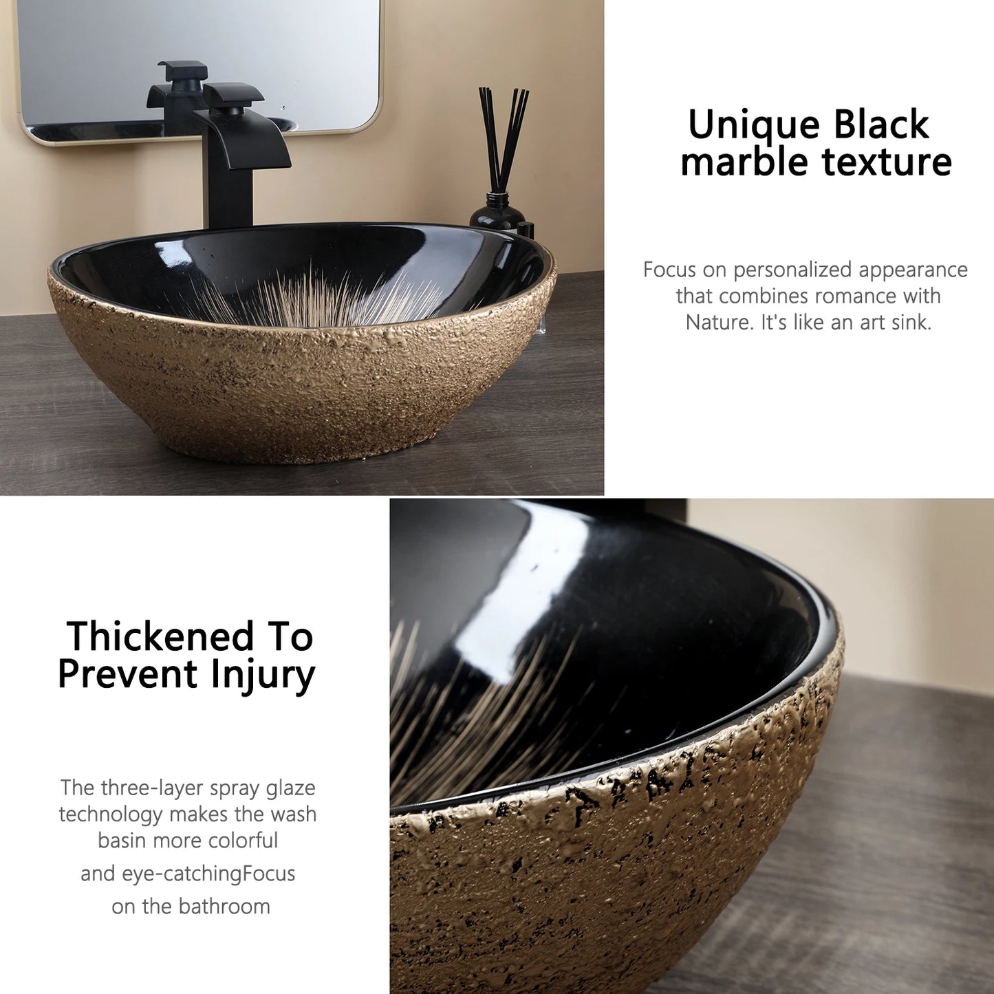 ZAPPO Marbling Rectangle Vessel Sink With Faucet Drain