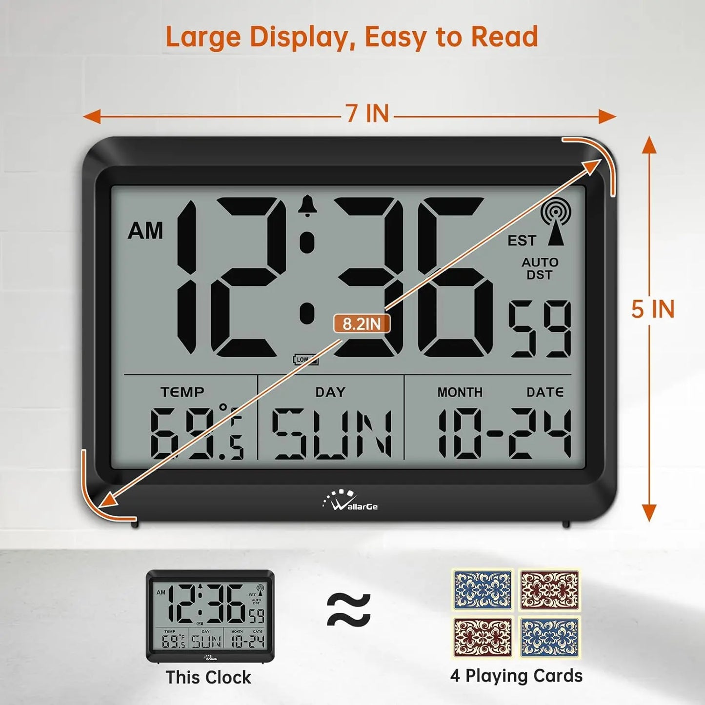Atomic Digital Wall Clock With AutoSet Time Large Display Temp 4 Time Zones DST