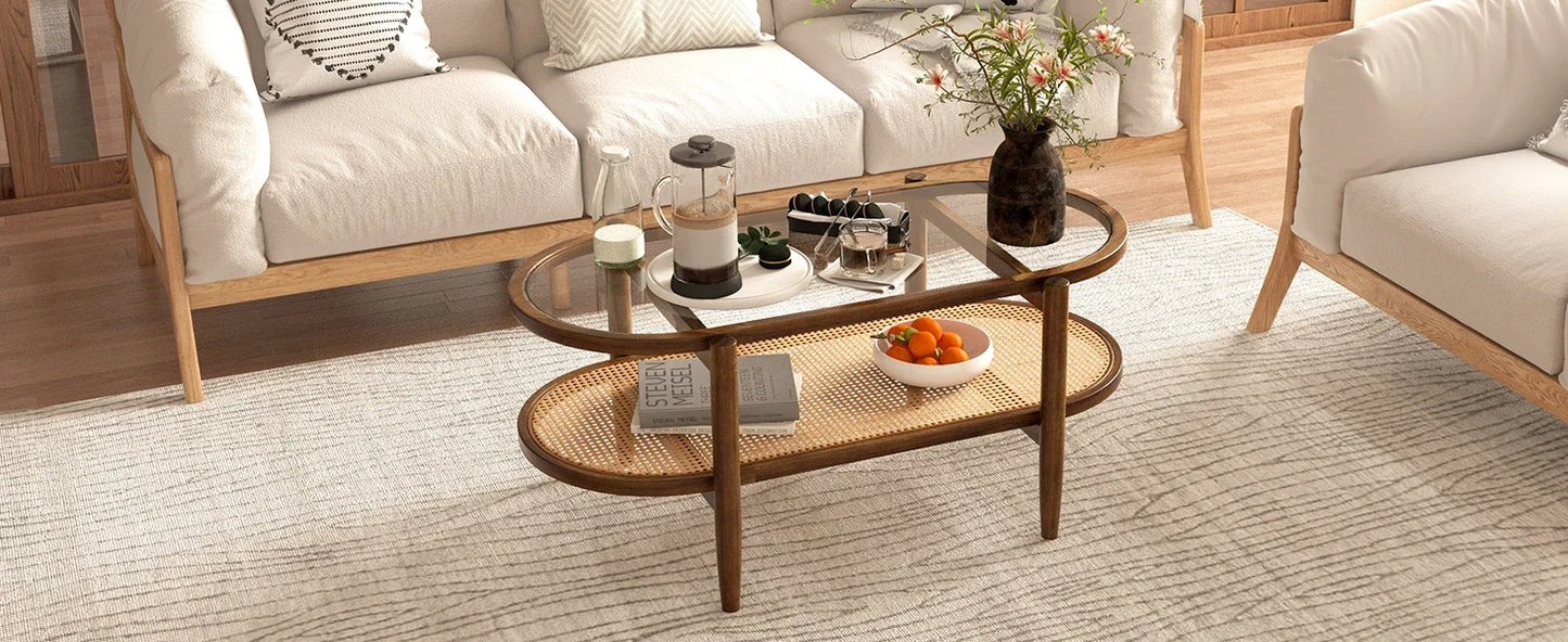 Rattan Coffee Table 2 Tier Acacia Wood With Glass Top Shelf