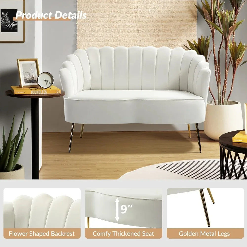 Modern Velvet Loveseat Sofa Two Seater With Flower Back And Gold Metal Legs Ivory