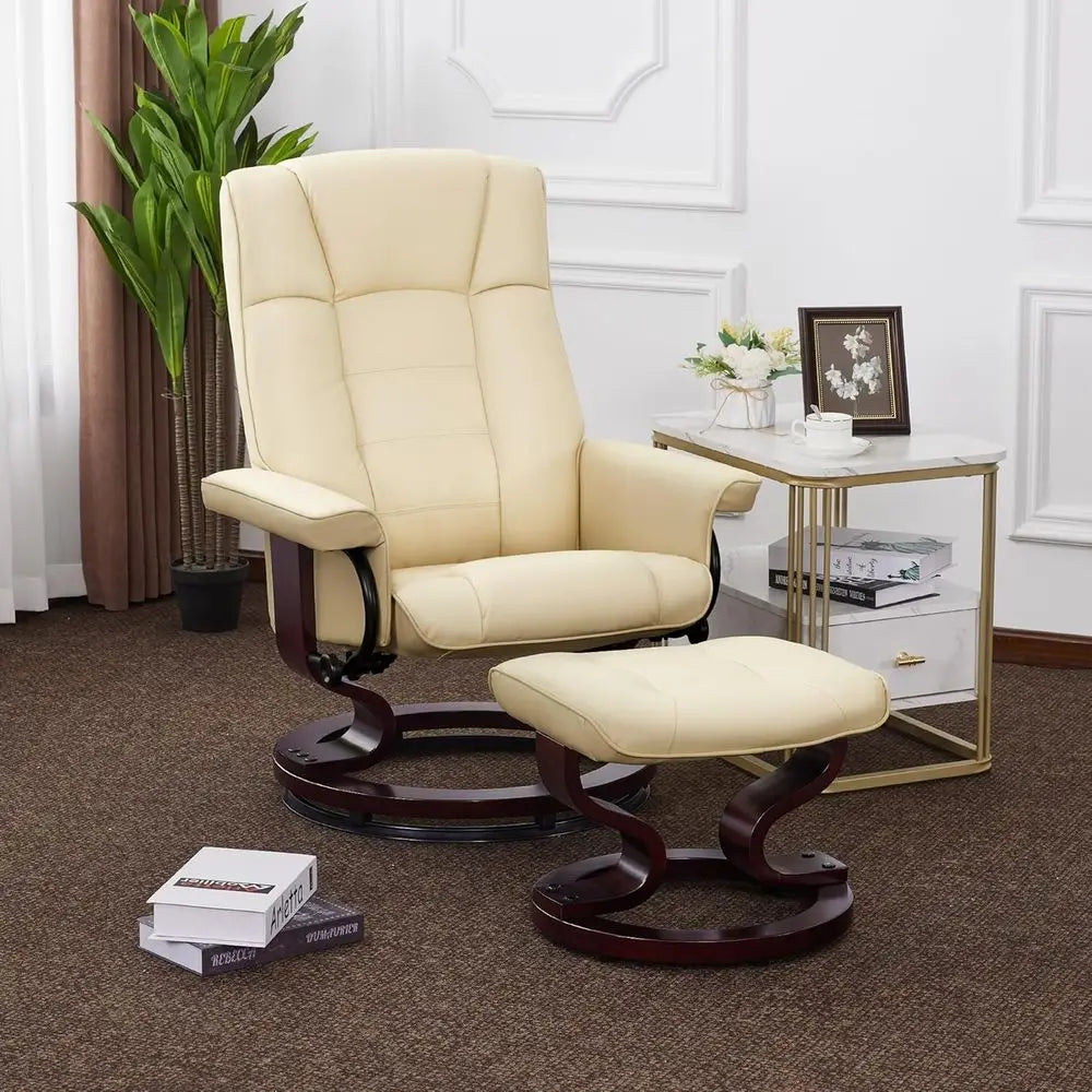 Recliner With Ottoman Set For Small Spaces Cream White Faux Leather