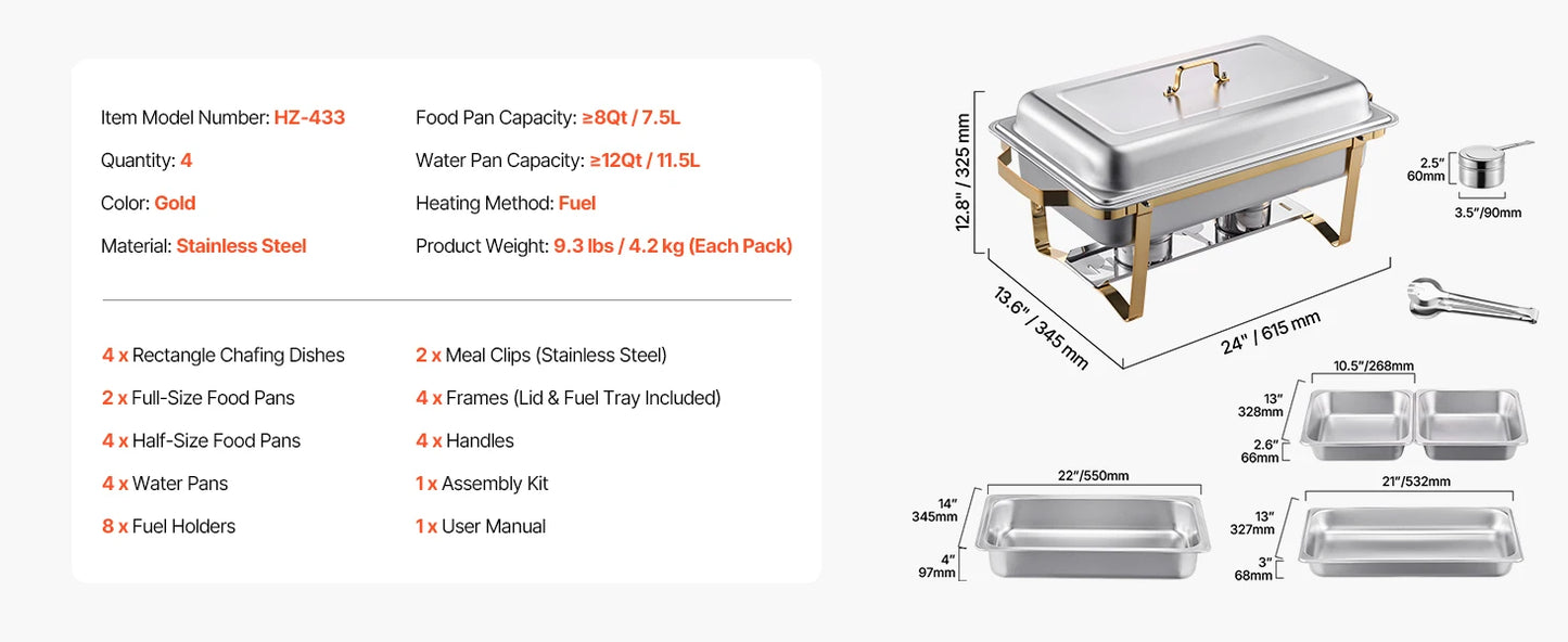 Vevor 8QT Rectangle Chafing Dish Set 4 Pack Stainless Steel Buffet Server Food Warmer Catering Equipment