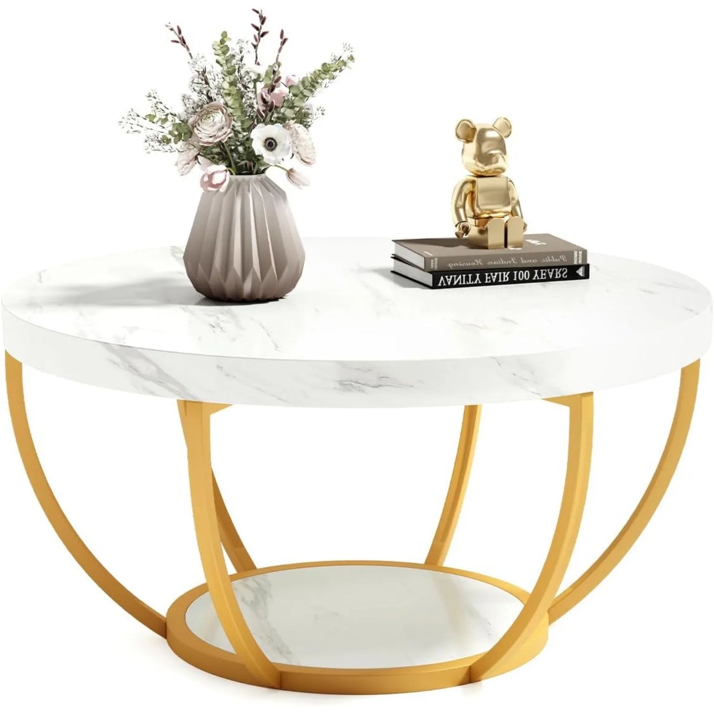 32 Inch Circle Marble Coffee Table With 2 Tier Gold Metal Legs Open Storage