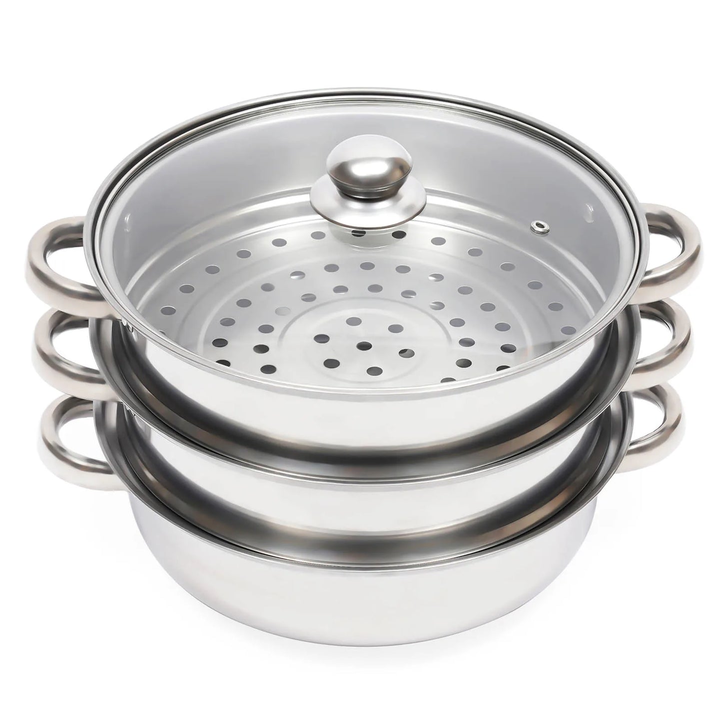 11 Inch 3 Tier Large Stainless Steel Steamer Pot Set with Glass Lid