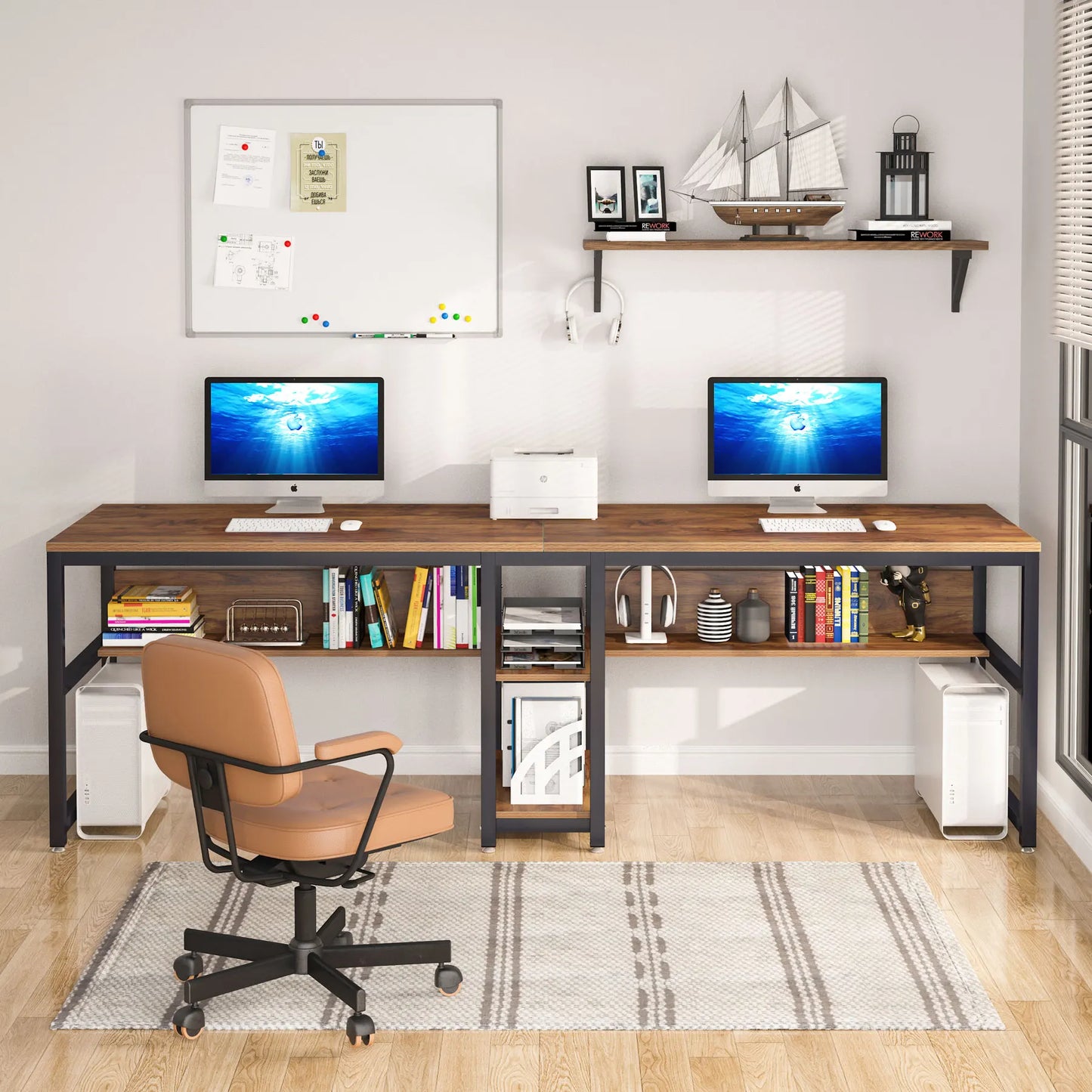 Tribesigns Two Person Desk With Bookshelf 78.7 Inch Rustic Double Computer Desk