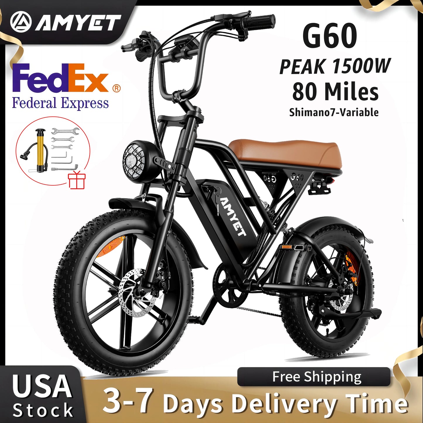 AMYET V9 G60 Adults Electric Bike 1000W Motor 48V 20AH 20 Inch Tire Ebike Mountain Moped for Men