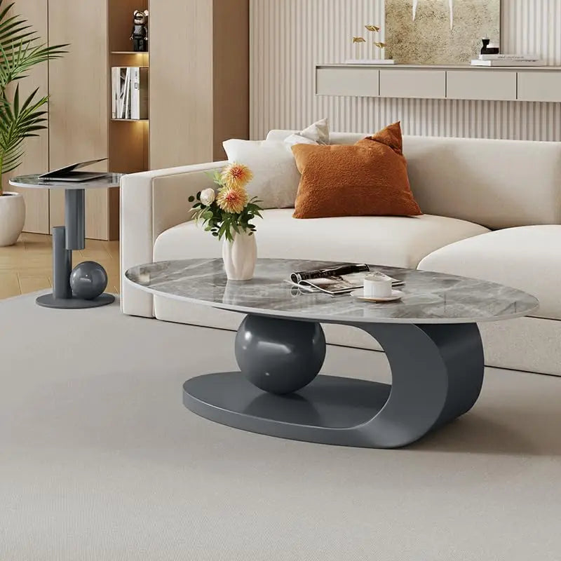 Modern Stone Coffee Table With Abstract Metal Base Center