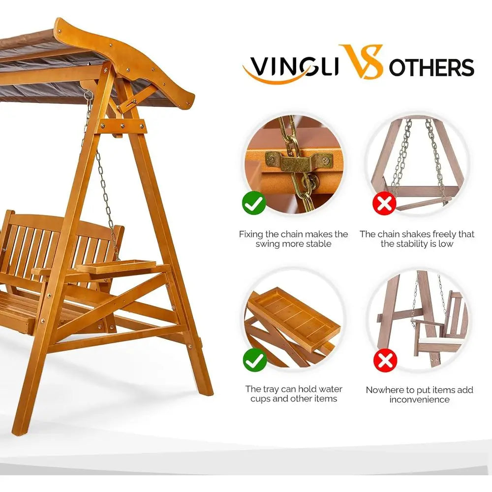 Durable Teak Outdoor Porch Swing With Cup Holder For Patio Yard And Garden
