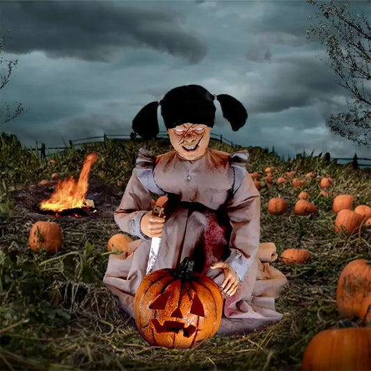 Lunging Pumpkin Carver Zombie Girl Motion Activated Talking Halloween Animatronic