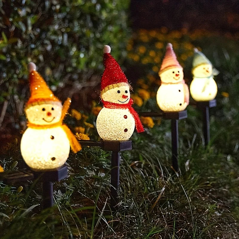 Solar Powered Snowman Lights 4-Piece Set With 1 Solar Panel Christmas Lawn LED