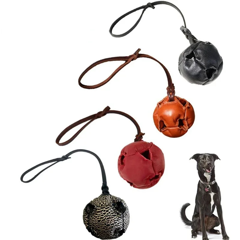 Leather Dog Training Ball Toy With Handle Tug Bite Toy