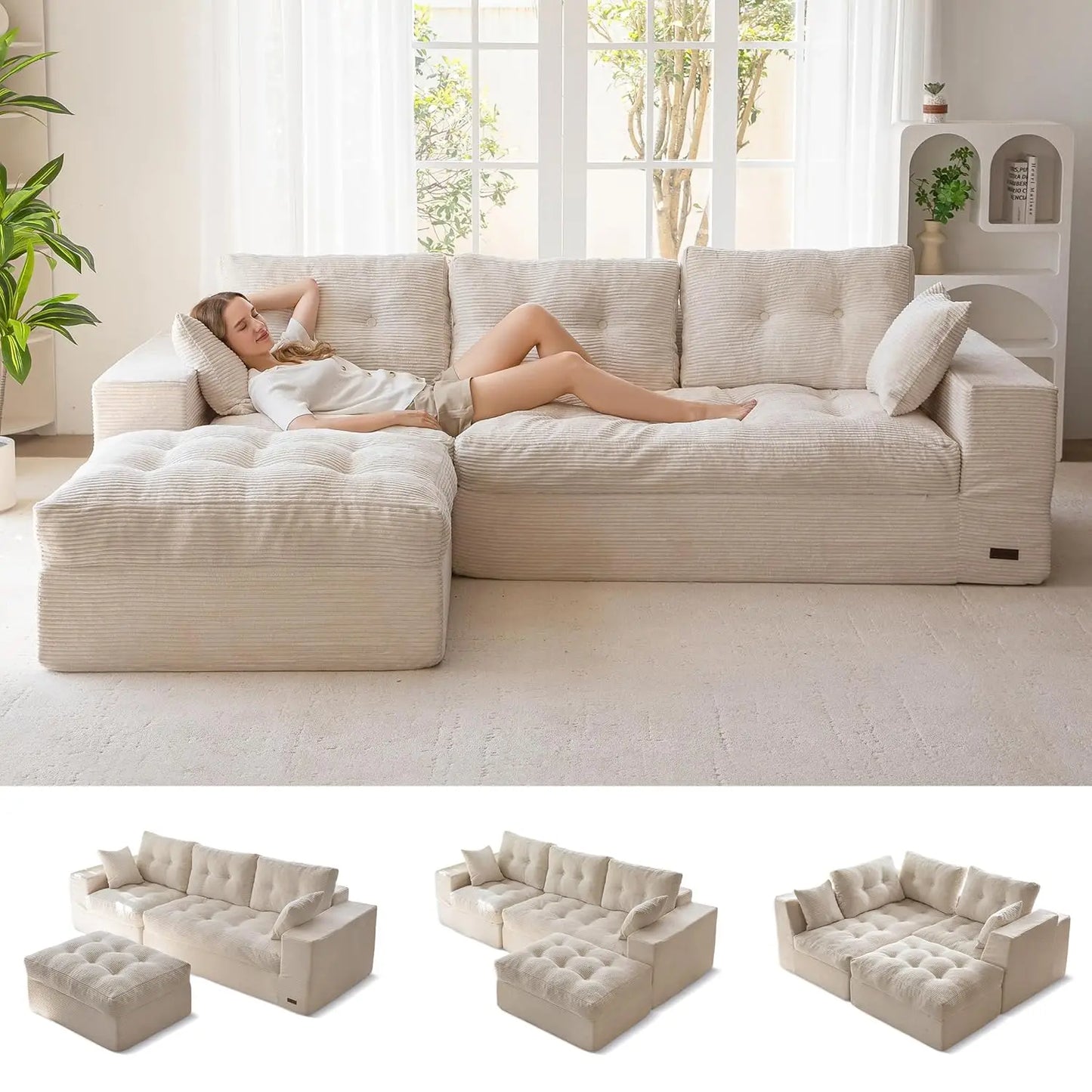 104 Inch L Shaped Modular Sectional Sofa With Ottoman Layered Cushions