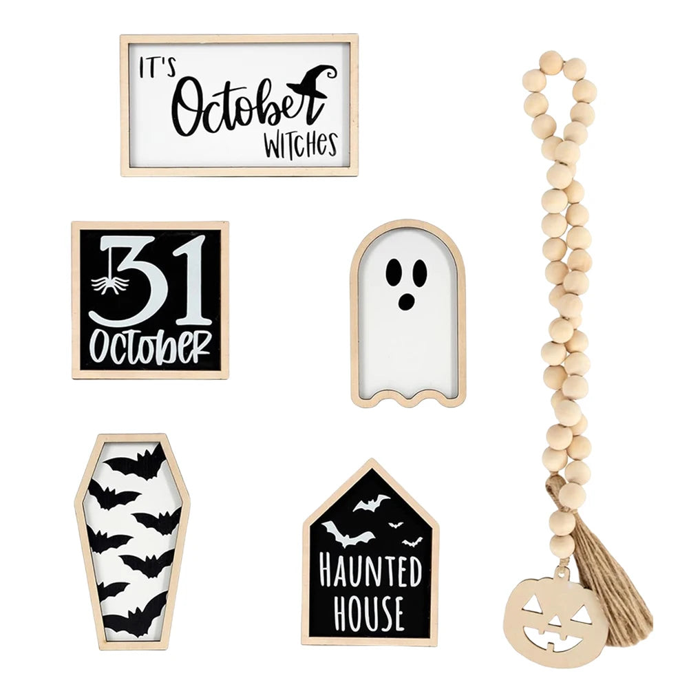 6Pcs Bat Coffin Ghost Wooden Sign Halloween Theme Party Home Decor Tiered Tray Decoration