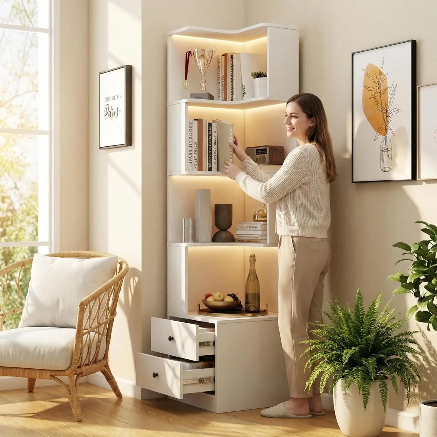 Arvolia 4 Tier Corner Bookshelf With Drawers And LED Lights L Shaped Shelf