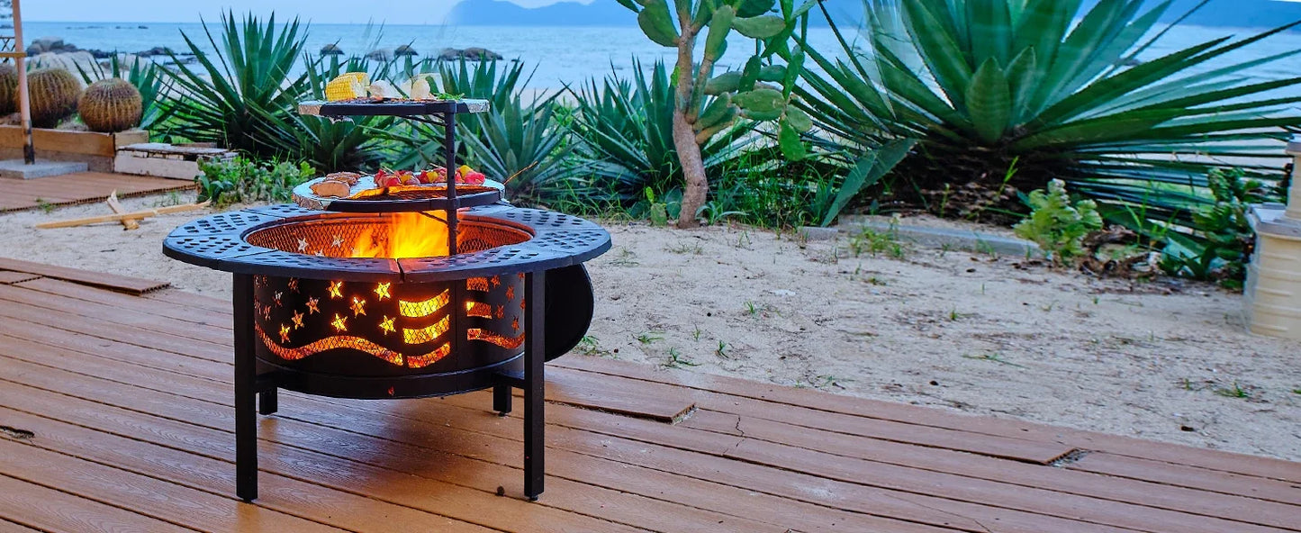 42 Inch Outdoor Fire Pit With Grills Wood Burning Cover Poker Metal